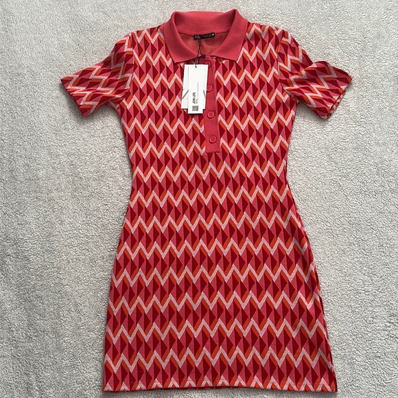 RARE! NWT Zara Jacquard Printed Mod Button-Up Knit Collared Polo Dress (S/XS) - Picture 3 of 8